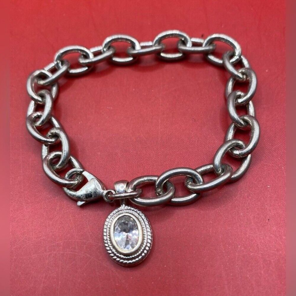 Women’s Bracelet Silver Tone Chain Links Crystal Charm 7” - Picture 1 of 2